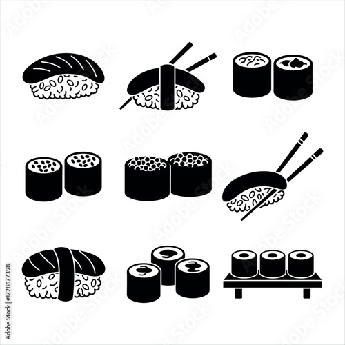 A simple black and white sushi icon set featuring maki rolls and nigiri with chopsticks. Clean and minimal designs suitable for Japanese restaurant branding, menus, apps, or food illustrations