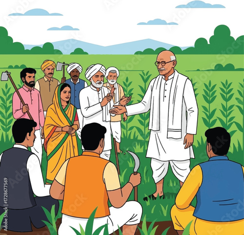 Farmers in a field listening to a man in white clothing.