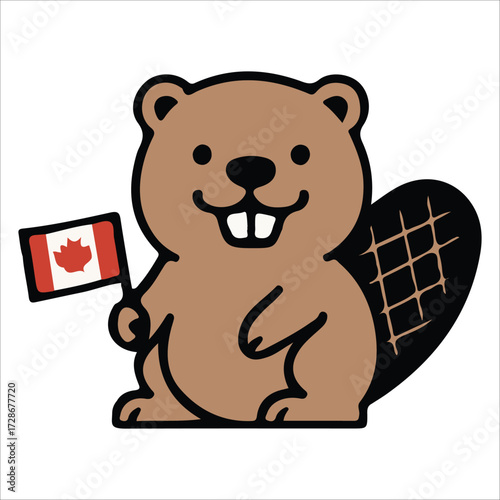 Canada Day Beaver Character Holding Canadian National Flag