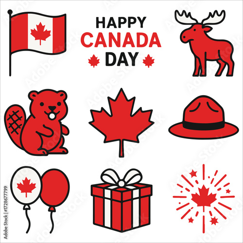 Canada Day Celebration Illustration with Gifts, Fireworks, and Maple Leaves