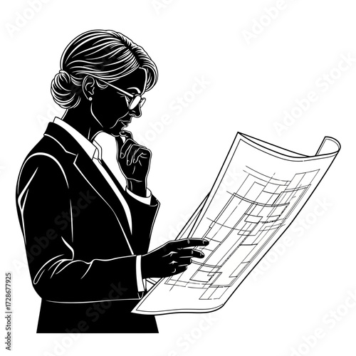 Contemplative senior female architect silhouette holds blueprint, designing future city