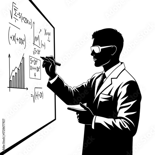 Focused male data scientist silhouette analyzes data on whiteboard, solving complex problems