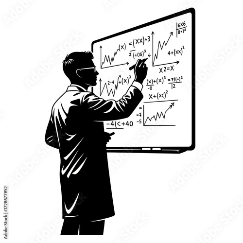 Male data scientist silhouette in a state of concentration, analyzing data on a whiteboard