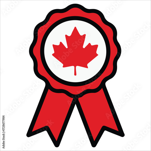 Canada Day Red Award Badge Emblem with Maple Leaf Center Design