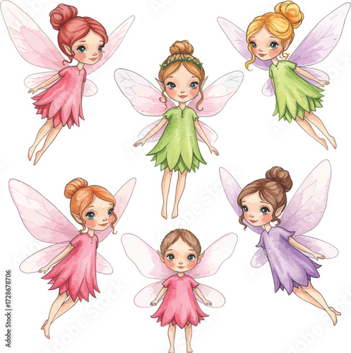 Six adorable fairies with wings and colorful dresses in a whimsical arrangement