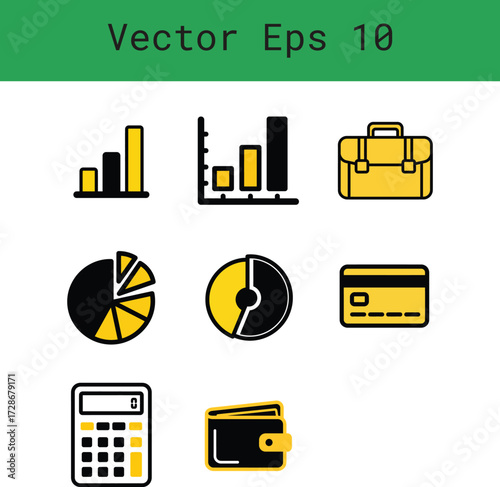 Financial Planning Icon Set Charts Briefcase Card Money Calculator in Yellow and Black Duotone