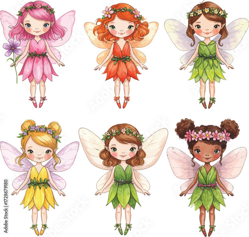 Charming collection of six diverse fairies with delicate wings and colorful outfits