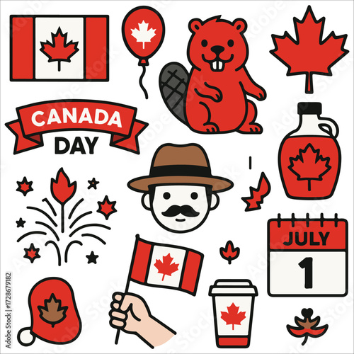Canada Day Icon Set Illustration with Flags, Beavers, Moose, and Maple Leaves