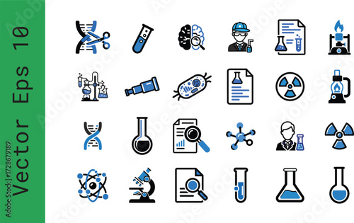 Scientific icons vector set depicting research experiment DNA molecule brain and chemistry simple