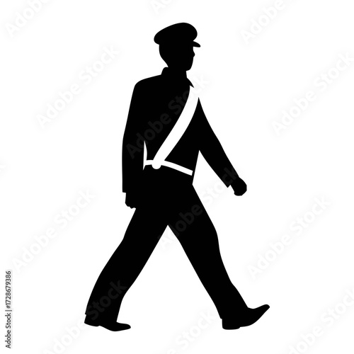 Illustration of a walking security guard silhouette with white strap and cap in black and white style