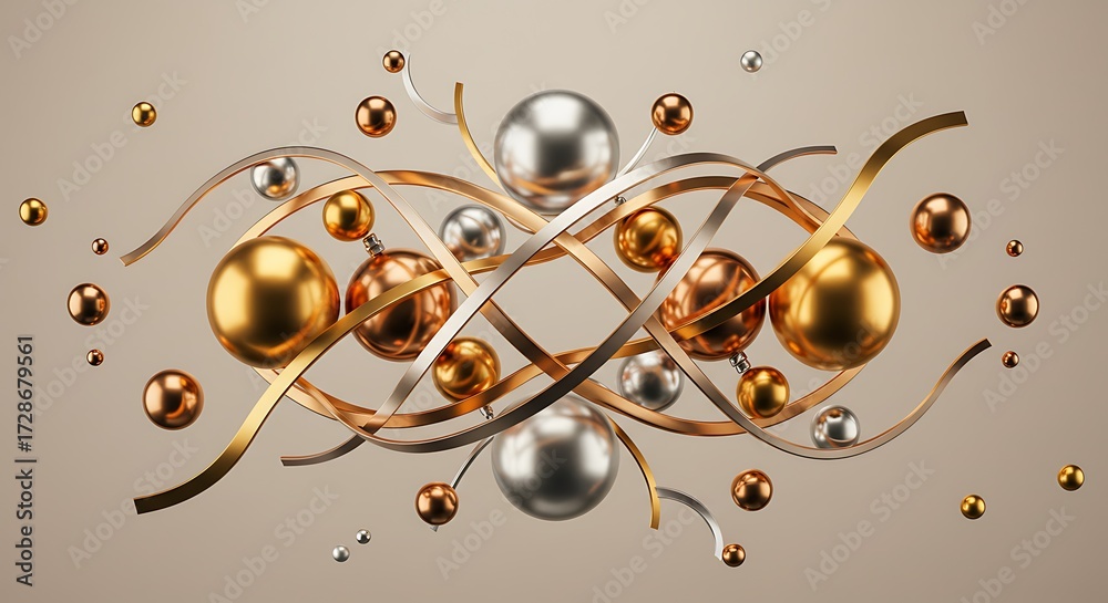 Obraz premium Dynamic Abstract Composition of Intertwined Gold and Silver Spheres and Ribbons on a Neutral Background