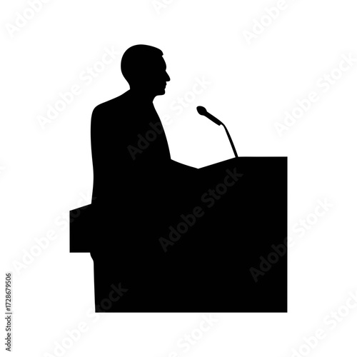 Silhouette of speaker giving speech at podium with microphone public speaking event vector image