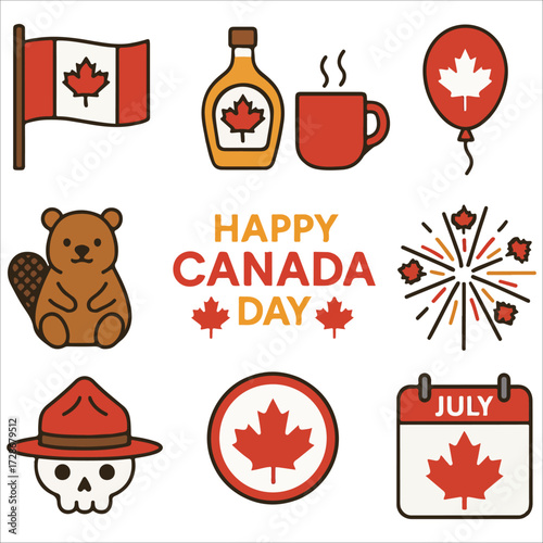 Canada Day Celebration Icons Set Featuring Maple Leaf and Party Elements