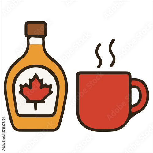 Canada Day Maple Syrup Bottle and Coffee Mug Illustration with Red Leaf