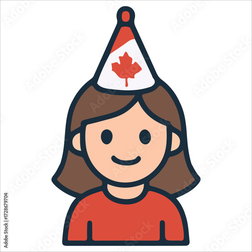 Canada Day Girl Illustration with Party Hat and Maple Leaf Icon