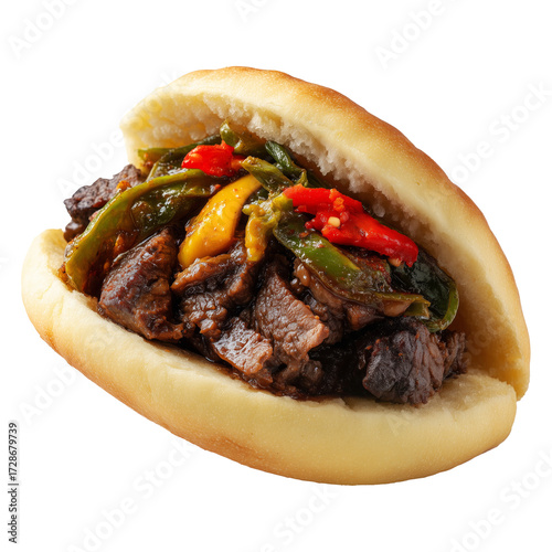 Grilled beef sandwich or spicy Alexandrian liver sandwich with bell peppers and chili sauce in soft bun, isolated on white transparent background, concept of fast food