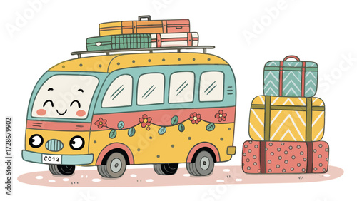 Cartoon Bus With Happy Face Is Fully Loaded With Luggage Ready For Trip