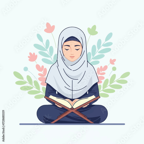 A serene Muslim woman wearing a hijab, sitting cross-legged and peacefully reading a holy book on a rehal, surrounded by soft floral and leaf illustrations.