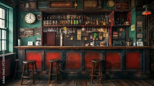 the counter bar in a cosy old english or irish pub with lots of whisky bottles in the background