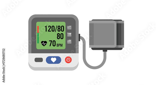 Blood pressure monitor showing a reading of 120/80 with a heart rate of 70 BPM.