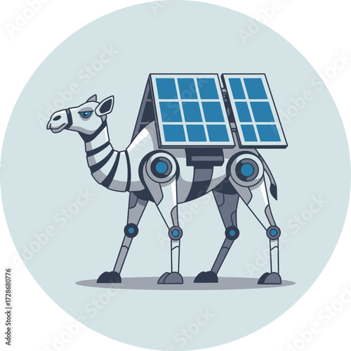 Robot camel with solar panels on its back in a cartoon style.