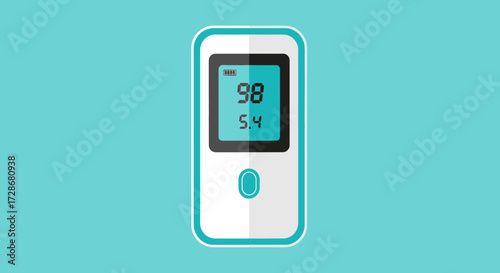Illustration of a digital glucometer showing a blood sugar reading.