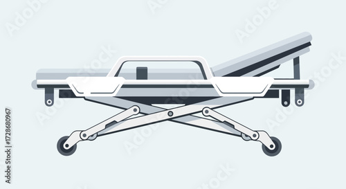 Illustration of a white medical stretcher with adjustable headrest and wheels on a light blue background.