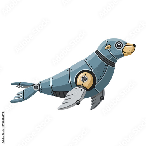 Illustration of a robotic seal with a metal body and flippers.