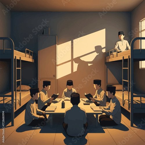 Students in a dormitory room, studying together at a table, with one student on a bunk bed.