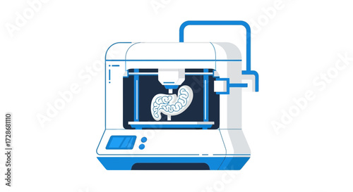 3D printer creating a human stomach, medical technology concept illustration.