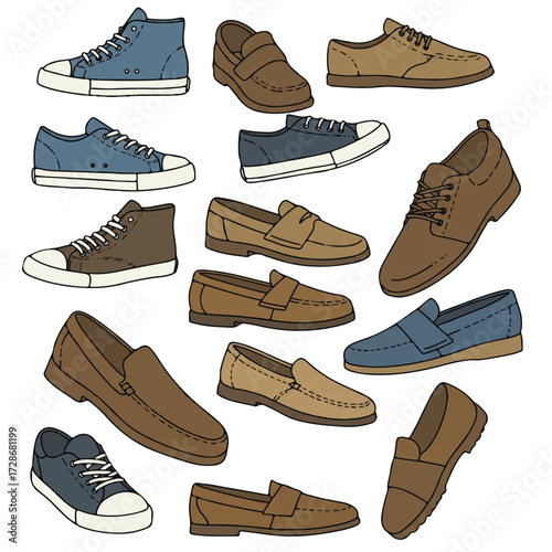 A stylish collection of casual men's shoes is showcased in a vibrant 2D flat vector illustration, neatly arranged and isolated on a pristine white background.