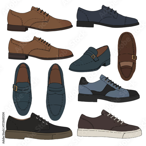Stylish men's shoes collection flat 2D vector illustration showcasing a diverse range of fashionable footwear cleanly presented on a plain white background.