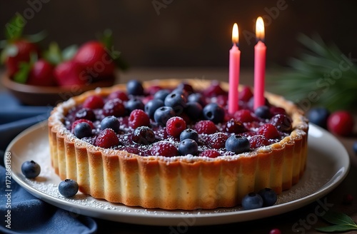 Berry pie or tart, mini tarts. Shortcrust pastry, fresh blueberries with lit candles on a wooden tabletop. Atmospheric picture for a restaurant or pastry shop