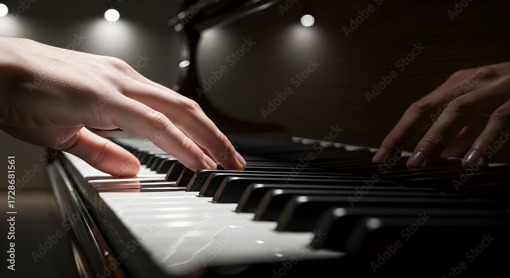 Fototapeta premium Hands playing grand piano with dramatic lighting, close up