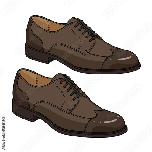 A sleek collection of classic leather men's shoes is presented in a modern, clean 2D flat vector illustration against a pristine white background.
