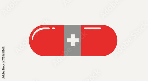 Illustration of a red and gray capsule with a white cross on a light background.