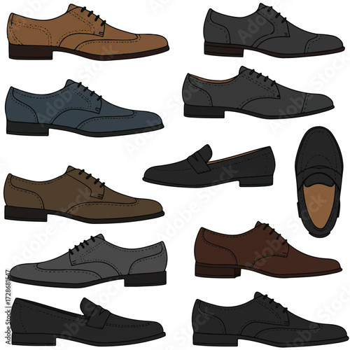 Elegant men's shoes collection presented as a flat 2D vector illustration, showcasing various sophisticated styles against a clean white background.