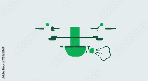 Green drone spraying, vector illustration on light background.
