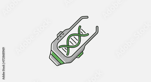 Illustration of a futuristic DNA scanner device with a green helix.