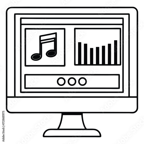 Music production computer monitor icon with audio waves and musical notes displayed 