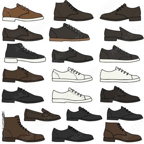 A stylish collection of fashionable men's shoes is showcased in a clean, flat 2D vector illustration, featuring various modern footwear styles against a crisp white background.