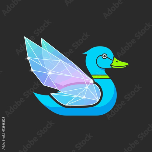 A stylized illustration of a blue duck with geometric wings, set against a dark gray background.