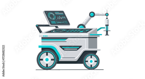 Medical robot cart with screen and robotic arm.