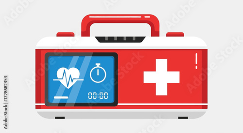 Red and white first aid kit with digital display and cross symbol.