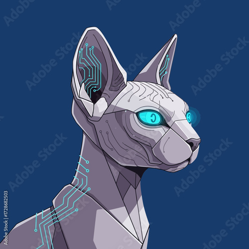 Futuristic robotic cat with glowing blue eyes and circuit board patterns.