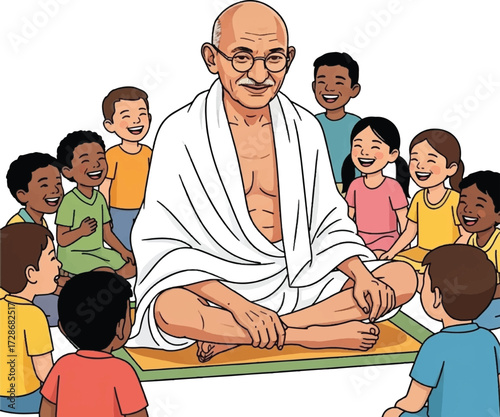 An illustration of Mahatma Gandhi sitting cross-legged on a mat, surrounded by a diverse group of smiling and attentive children.
