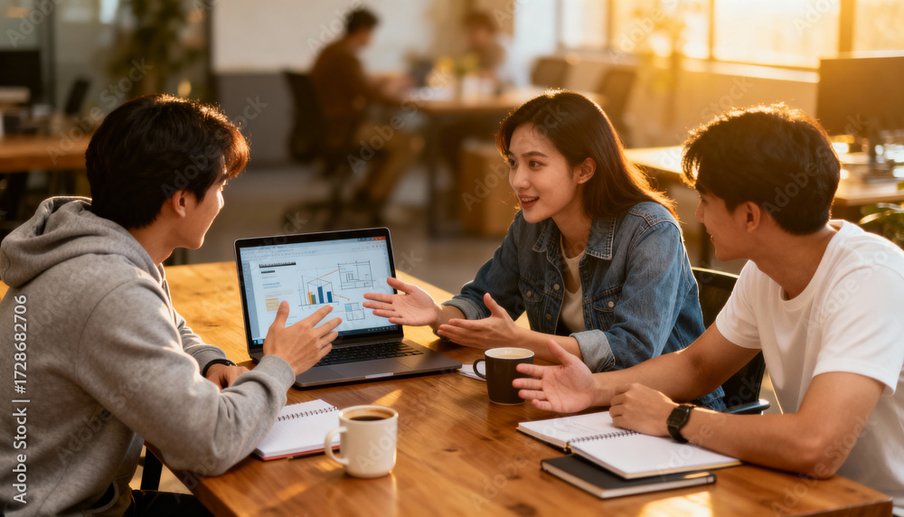 Fototapeta premium Three Young Colleagues Collaborating in Casual Office Setting Discussing Charts and Data on Laptop with Coffee and Notebooks, Teamwork and Business Meeting Concept