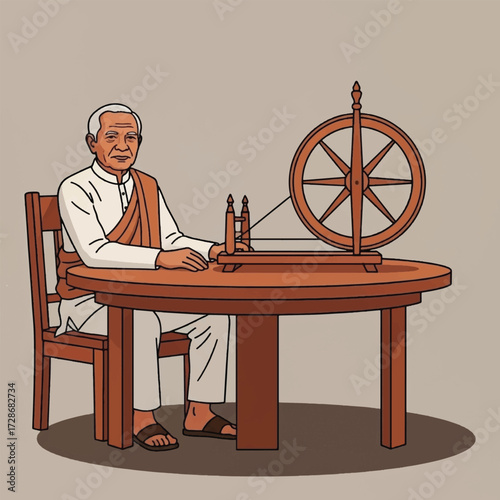 An illustrated portrait of an elderly Indian man in traditional attire using a wooden spinning wheel, or charkha.