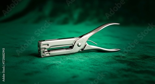 Single hole puncher tool, office supplies on emerald green background