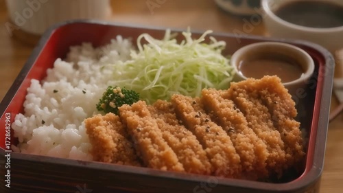 Crispy fried cutlet served with white rice, fresh cabbage, and dipping sauce in a wooden bento box